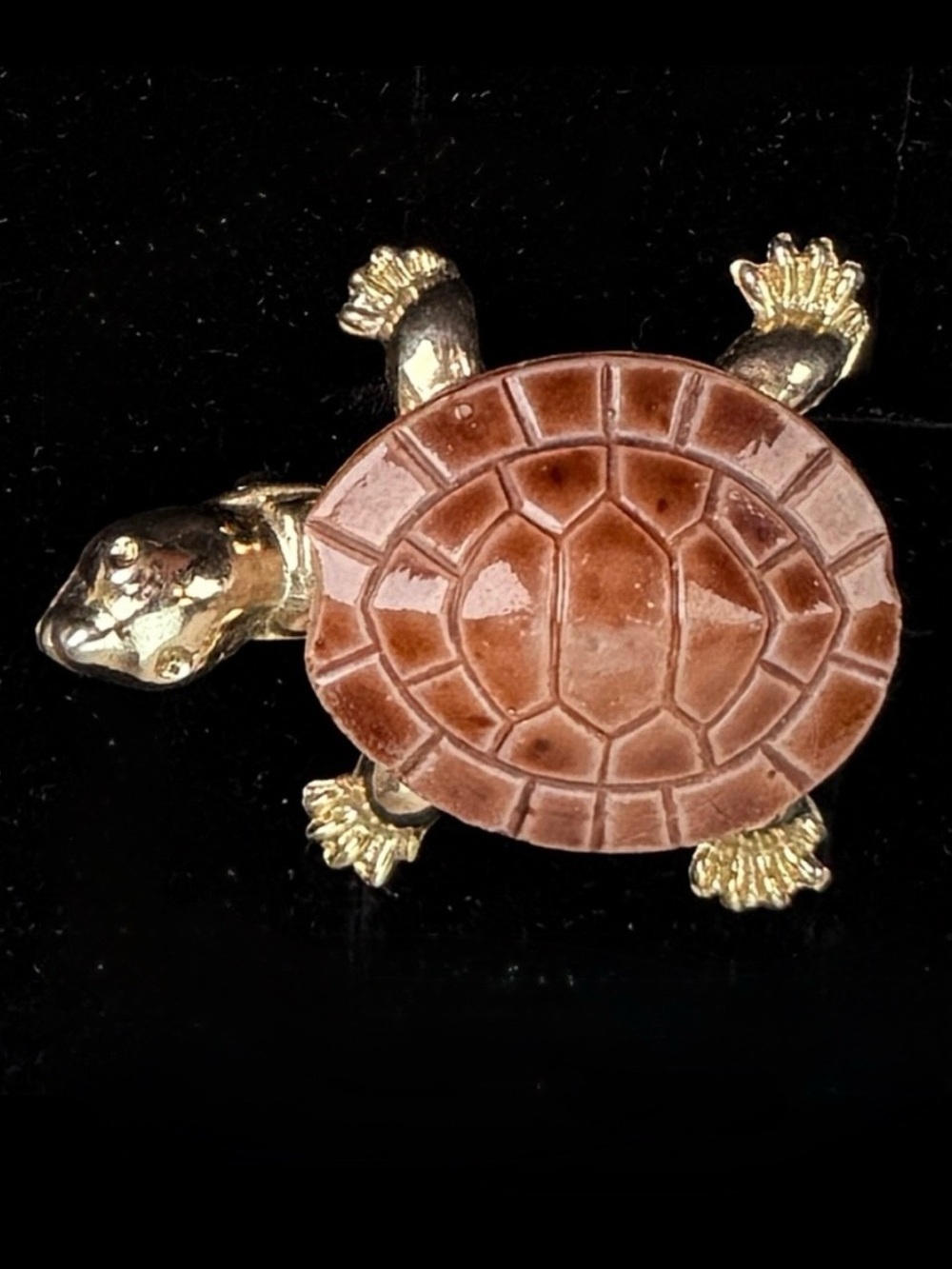 Vintage Goldtone and Brown Turtle Brooch